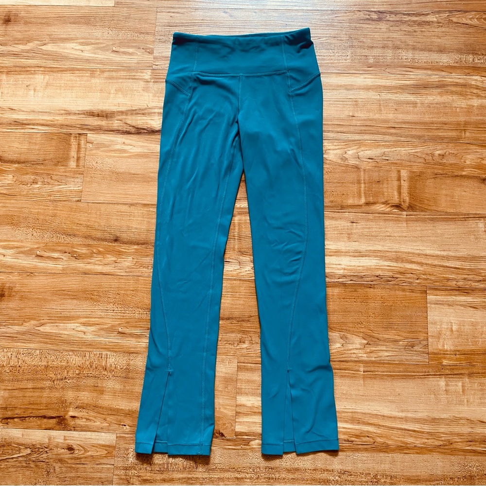 Athleta Girl 12 Teal Borealis Green Chit Chat Split Hem Tight Leggings Powervita